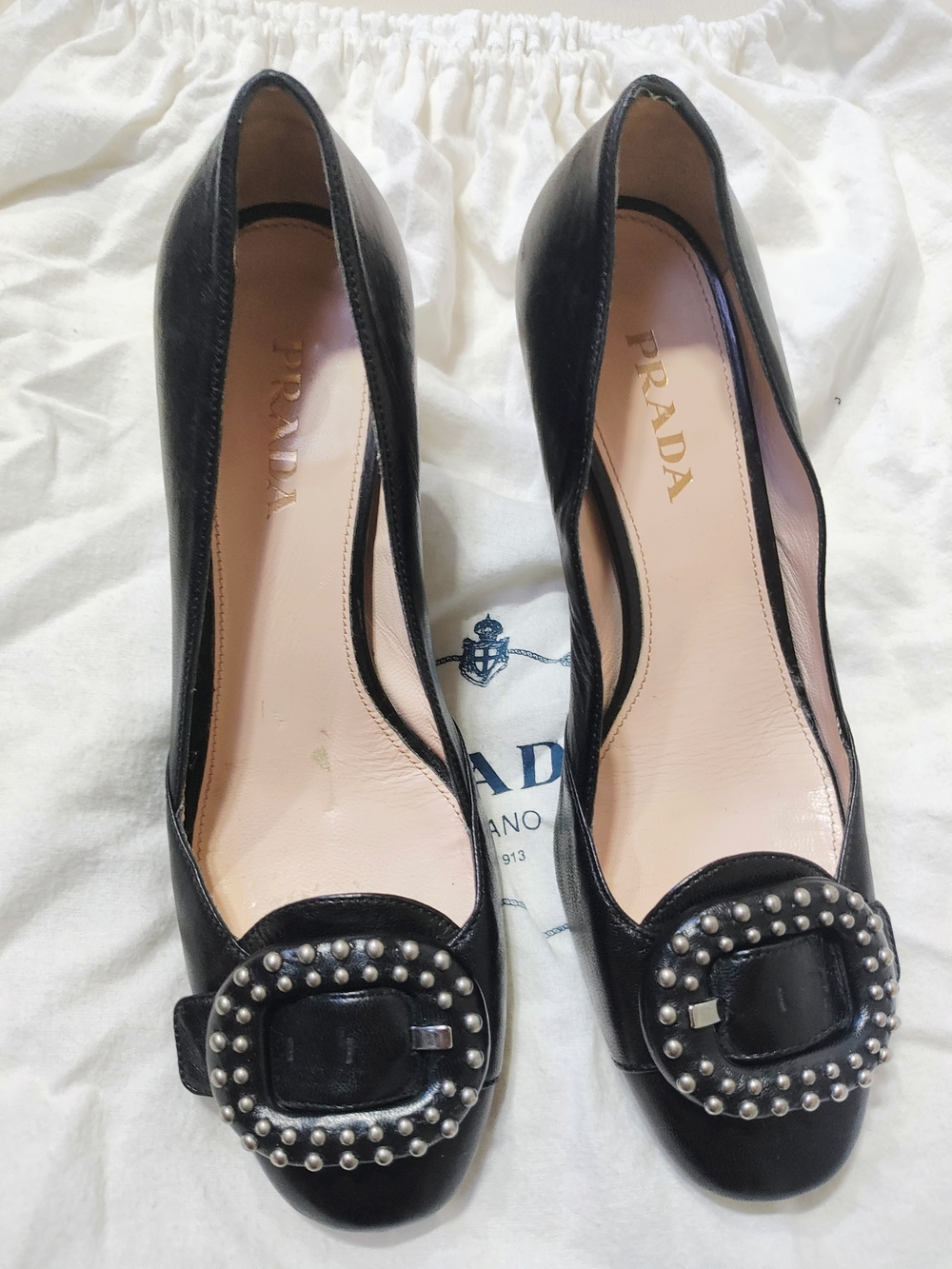 Prada Black Leather Heeled Pumps with Studded Buckle